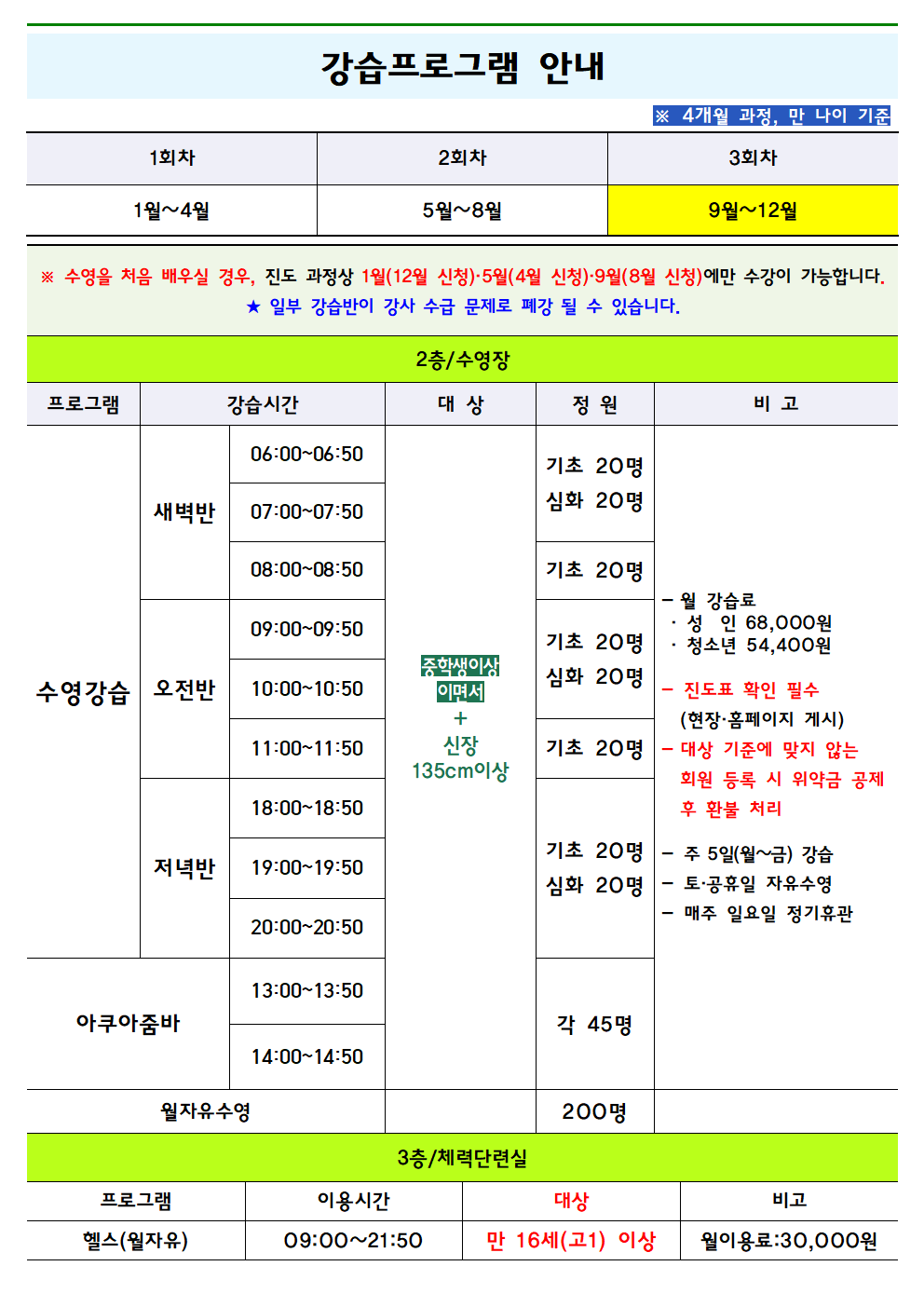 송도국민체육센터 9월 운영 일정(10월 강습 모집) 및 수영 강습반 진도 안내